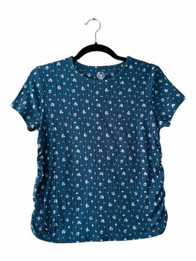 Wonder Nation Teal Floral Short Sleeve Top with Ruched Sides Size XL 14/16 Girls